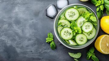 Fresh cucumber, mint and lemon slices on a dark background photo