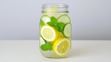 A jar filled with lemonade and cucumber slices photo