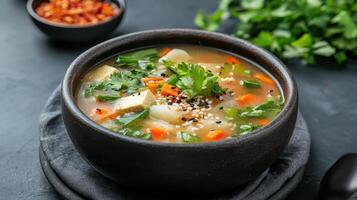 Chinese vegetable soup with sesame seeds and cilantro photo