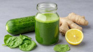 Green juice with cucumber, ginger and lemon photo
