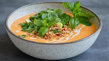 A bowl of soup with a spoon and garnish photo