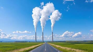 A road with smoke coming out of the pipes photo