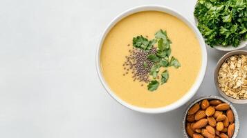 A bowl of soup with nuts, herbs and a spoon photo