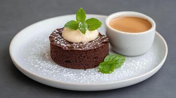 A chocolate cake with a scoop of ice cream on top photo