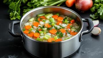 A pot filled with vegetables and carrots photo