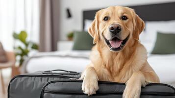 A dog sitting on top of a suitcase photo