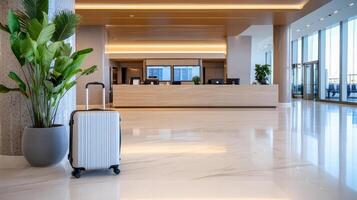 A white suitcase is sitting in front of a large plant photo