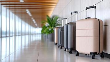 Three suitcases are lined up in an airport hallway photo