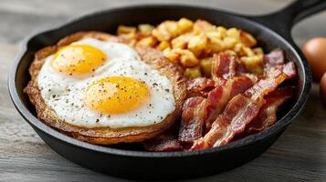 A skillet with eggs, bacon and potatoes photo