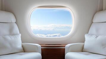 Two white chairs in an airplane with an open window photo