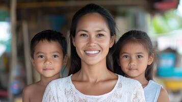 A woman and two children are smiling for the camera photo