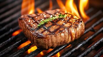 A steak is cooking on a grill with flames photo