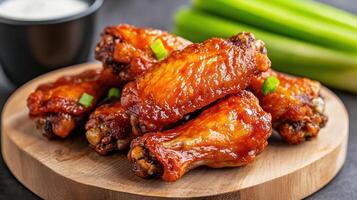 Chicken wings with celery and sauce on a wooden plate photo