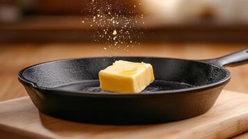 Butter being poured into a pan on a wooden table photo