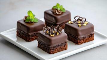 Four chocolate squares on a white plate photo