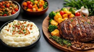 A plate of meat, mashed potatoes and vegetables photo