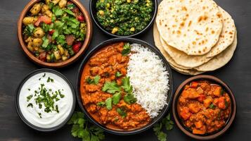 Indian food with rice, vegetables and bread photo