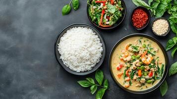 Thai curry with rice and vegetables on a dark background top view photo