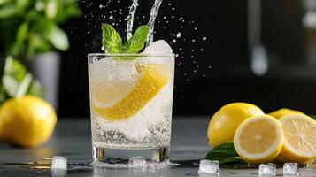 Lemonade with ice cubes and lemon slices photo