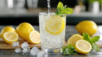 A glass of water with lemon slices and ice photo