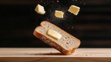 Butter flying out of a slice of bread photo