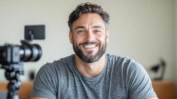 A man with a beard and beard is smiling while holding a camera photo
