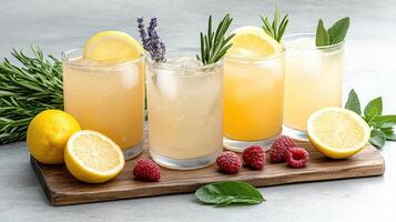 Four lemonade drinks with lemons, raspberries and rosemary photo