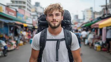 A man with a backpack standing in a crowded market photo