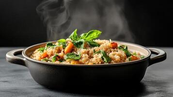 A bowl of rice and vegetables with steam photo