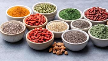 Various types of seeds and nuts in bowls photo