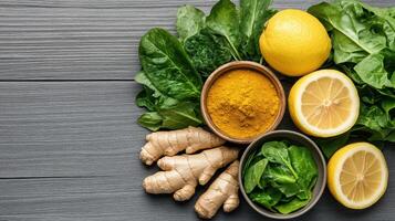 Various ingredients including lemons, ginger and spinach photo