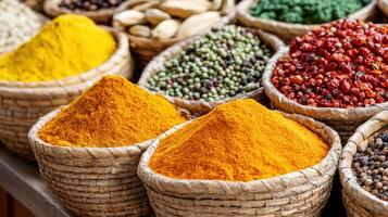 Various types of spices are displayed in baskets photo