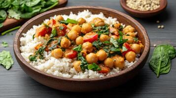 Chickpeas and spinach curry with rice photo