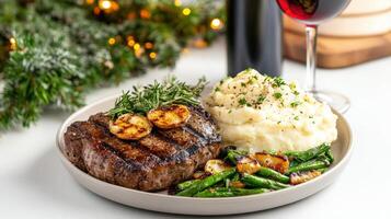 A plate of steak, mashed potatoes and green beans photo