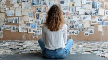 A woman sitting on the floor looking at photos on a wall