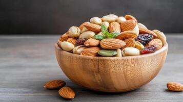 Nutty mix in wooden bowl photo
