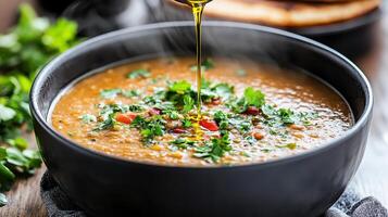 A bowl of soup with a spoon being poured over it photo