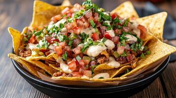 A bowl of nachos with meat and vegetables photo