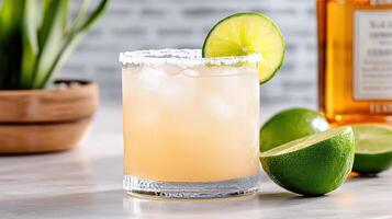 A margarita with lime and a bottle of tequila photo