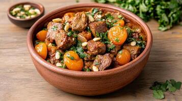A bowl of stew with meat and vegetables photo