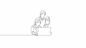 Hand drawn Continuous Drawing One line animation of three colleagues solving problems on laptop Concept of teamwork, brainstorming, and shared effort through simple line art video