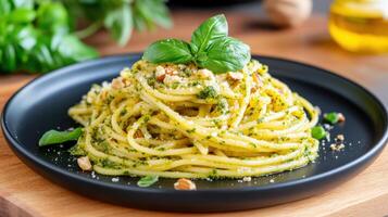 Spaghetti with pesto and basil on a black plate photo