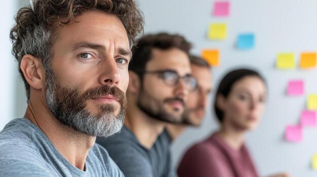 A man with a beard and beard sitting in front of a group of people photo