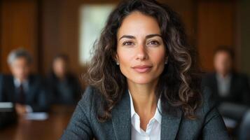 A woman in a business suit is looking at the camera photo
