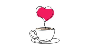 Hand Drawn One Line Animation of a Coffee Cup with Heart Shaped Foam, Minimalist Line Art, Continuous Outline Drawing with Color. Concept of Love and Warm Beverage. video