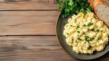Scrambled eggs with bread on a plate photo