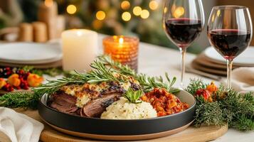 A plate with meat, mashed potatoes and vegetables on it photo