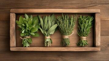 Herbs in a wooden box on a table photo