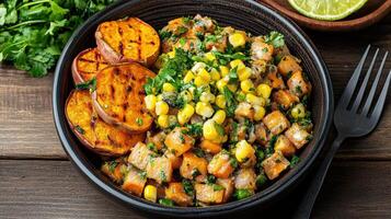 A bowl of food with a fork and a lime photo