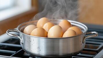 Eggs in a pot on the stove photo